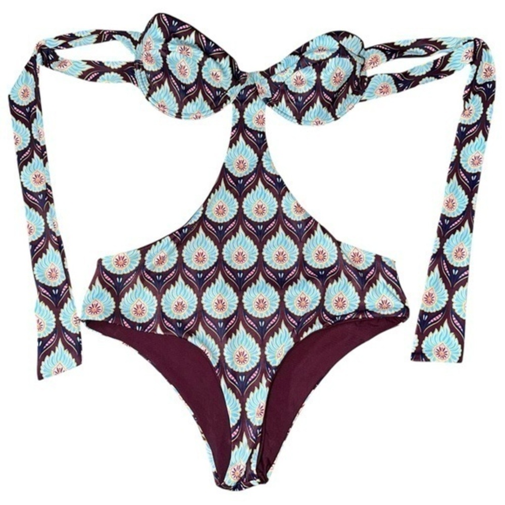 Tavik Women’s Sz L Purple Burgundy Blue Ikat Print Strapless One Piece Monokini